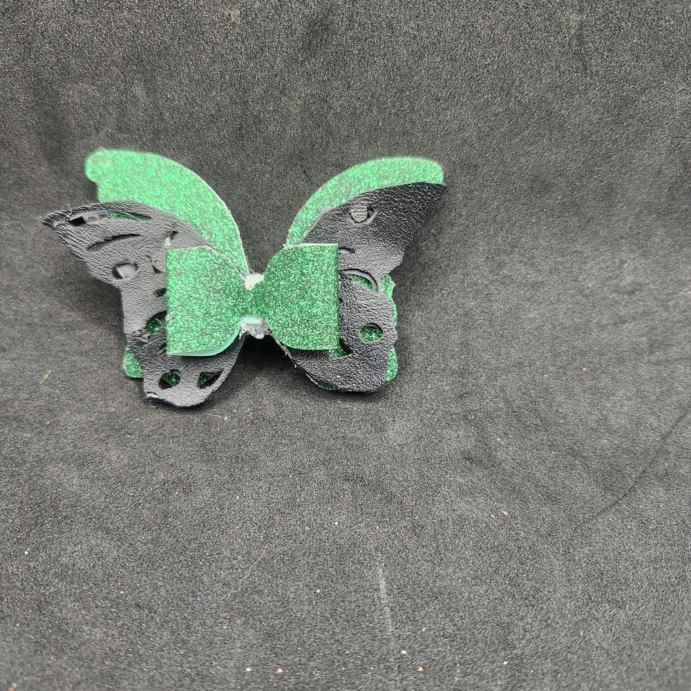 Hand Crafted Green and Black Butterfly Hair Bow Barette Clip Faux Leather